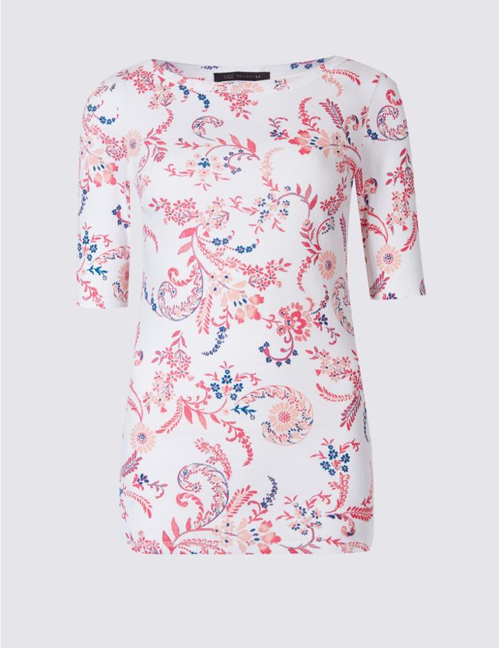 Marks & Spencer Pure Cotton Floral Print Half Sleeve T-shirt White Mix
