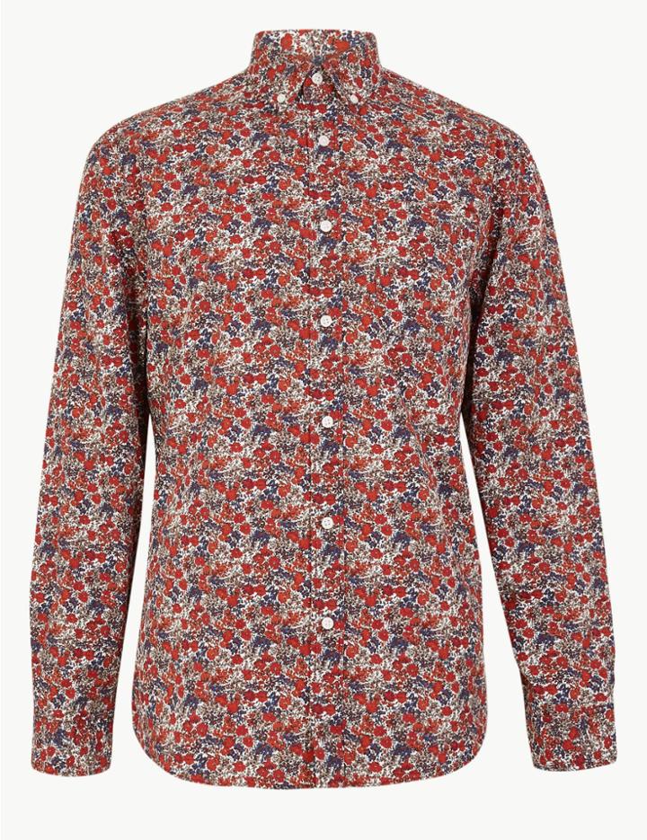Marks & Spencer Cotton Floral Relaxed Shirt Red Mix