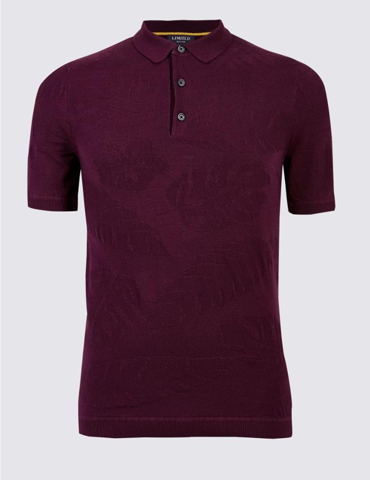 Marks & Spencer Pure Cotton Leaf Design Textured Slim Fit Polo Dark Wine