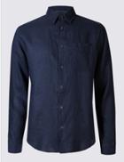 Marks & Spencer Pure Linen Easy Care Slim Fit Shirt Navy