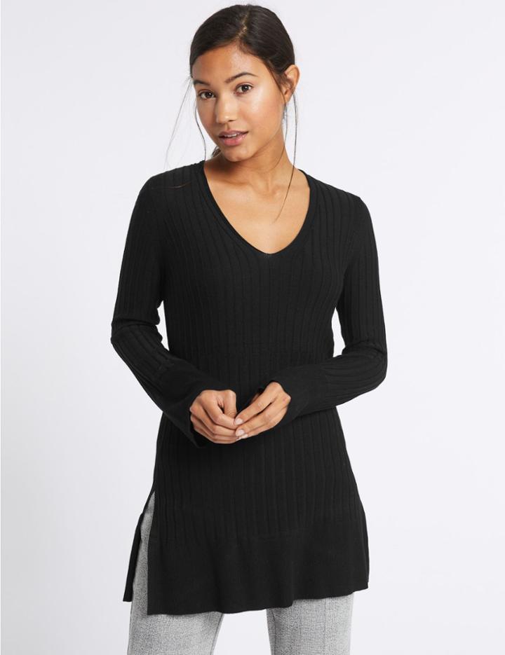 Marks & Spencer Ribbed Side Spilt V-neck Tunic Jumper Black