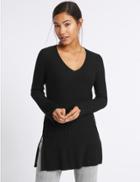 Marks & Spencer Ribbed Side Spilt V-neck Tunic Jumper Black
