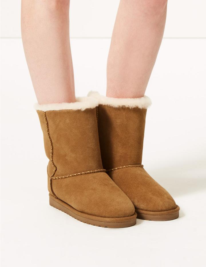 Marks & Spencer Suede Shearling Slipper Boots Tan