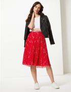 Marks & Spencer Floral Print Pleated Fit & Flare Midi Skirt Red Mix