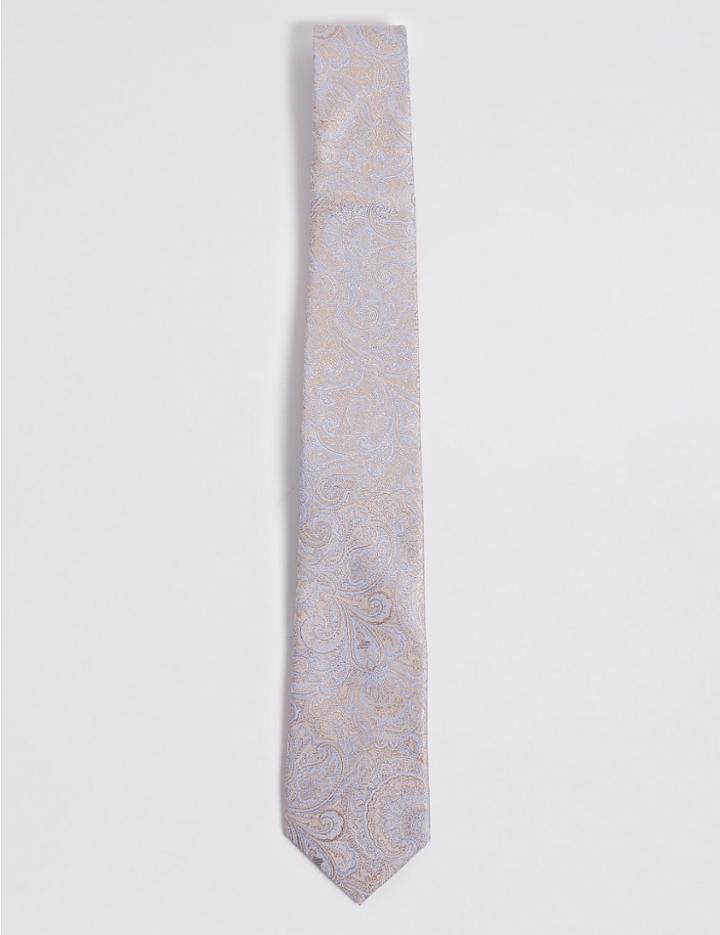 Marks & Spencer Pure Silk Floral Tie Ivory Mix
