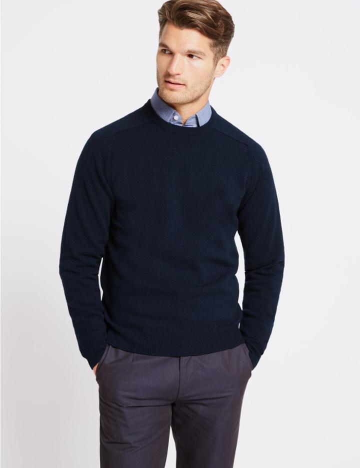 Marks & Spencer Pure Extra Fine Lambswool Crew Neck Jumper Navy