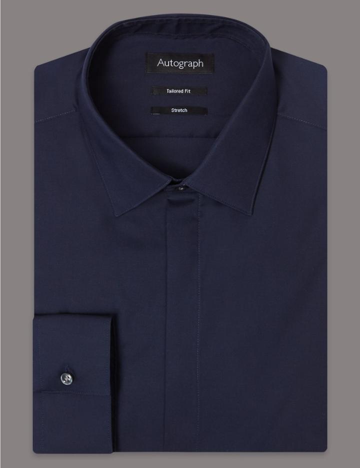 Marks & Spencer Cotton Rich Tailored Fit Shirt With Stretch Dark Navy