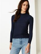 Marks & Spencer Shimmer Ribbed Round Neck Long Sleeve Top Navy