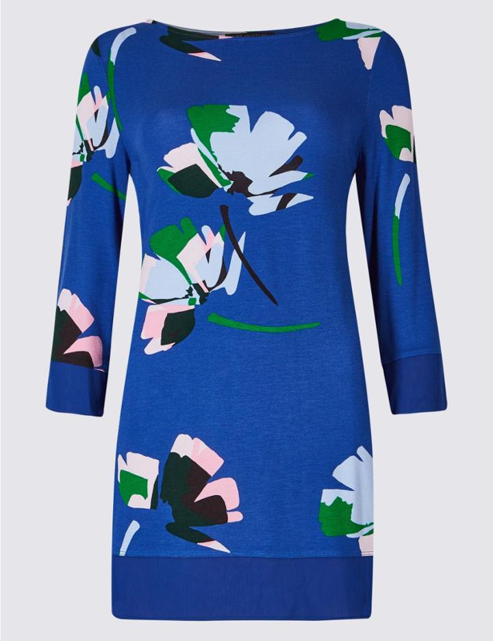 Marks & Spencer Floral Print Slash Neck 3/4 Sleeve Tunic Navy Mix