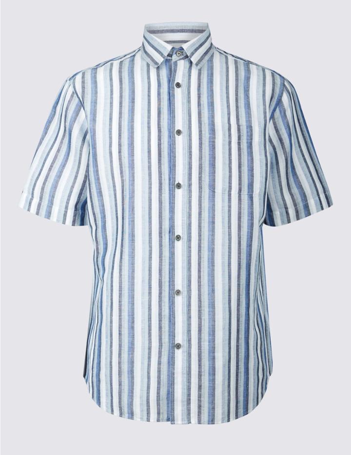 Marks & Spencer Easy To Iron Linen Rich Shirt With Pocket Blue Mix