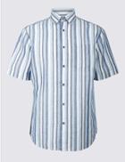 Marks & Spencer Easy To Iron Linen Rich Shirt With Pocket Blue Mix