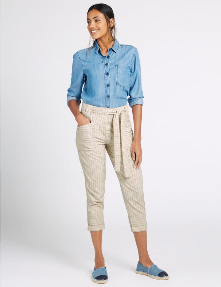 Marks & Spencer Pure Cotton Striped Combat Cropped Trousers Neutral