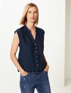 Marks & Spencer Pure Linen Button Detailed Shell Top Navy