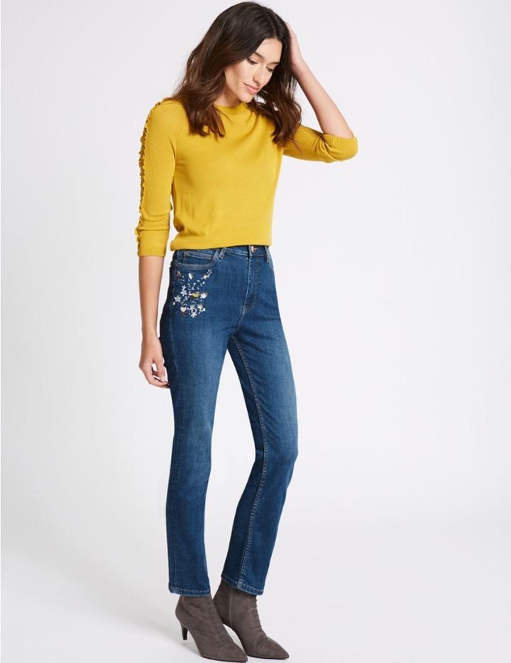 Marks & Spencer Embroidered Roma Rise Straight Leg Jeans Medium Indigo