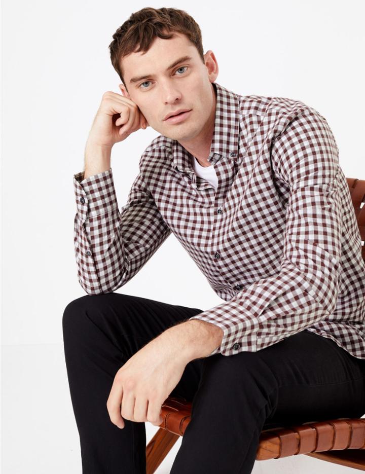 Marks & Spencer Cotton Rich Twill Tailored Fit Shirt Burgundy Mix