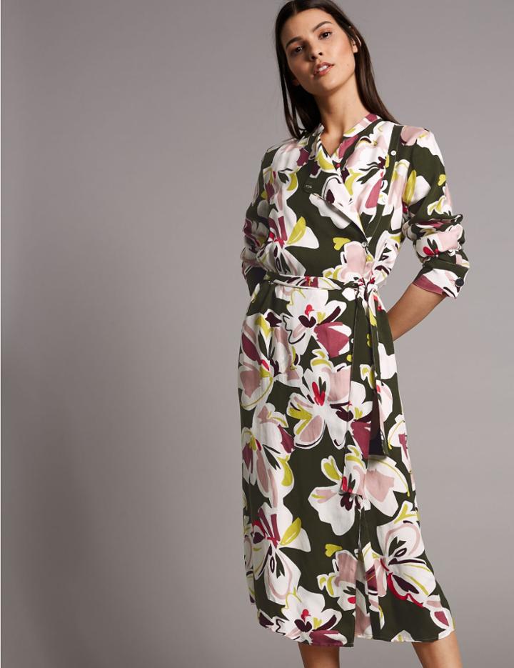 Marks & Spencer Floral Print Midi Shirt Dress Khaki Mix
