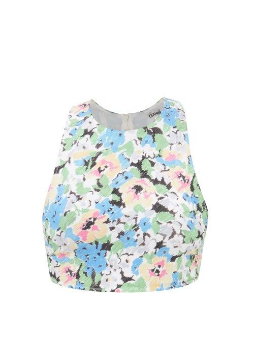 Ganni - Racerback Floral-print Jersey Bikini Top - Womens - Blue Print