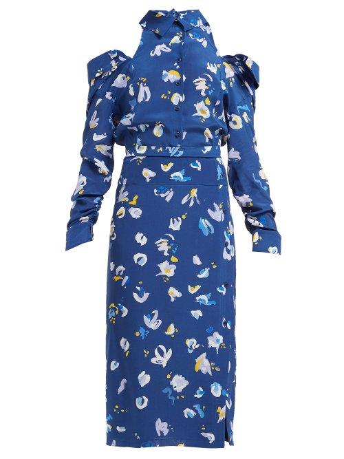 Matchesfashion.com Altuzarra - Chiara Cut Out Floral Print Silk Crepe Midi Dress - Womens - Blue Multi