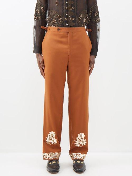 Bode - Gilded Floral-appliqu Wool Trousers - Mens - Orange