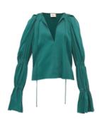 Matchesfashion.com Khaite - Cortez Shirred Sleeve Satin Blouse - Womens - Green