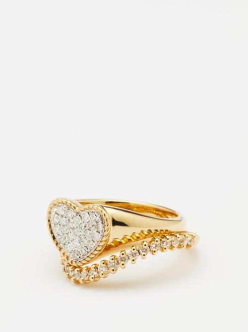 Yvonne Lon - Set Of Two Diamond & 9kt Gold Rings - Womens - Gold Multi