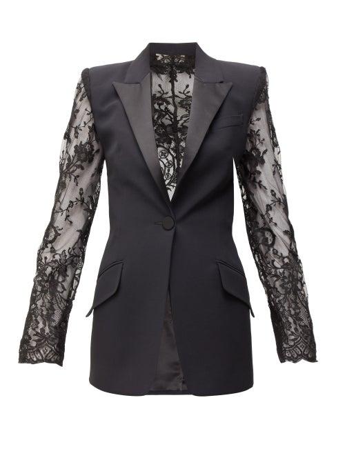 Matchesfashion.com Alexander Mcqueen - Leaf Lace Panelled Crepe Jacket - Womens - Black