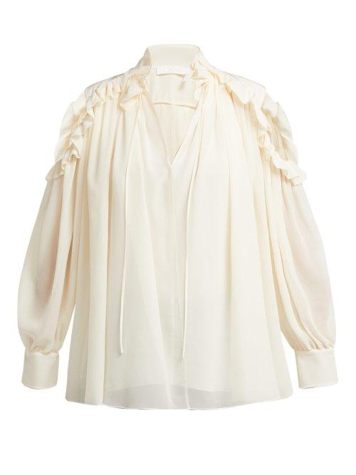 Matchesfashion.com Chlo - Ruffled Cut Out Shoulder Silk Blouse - Womens - Ivory
