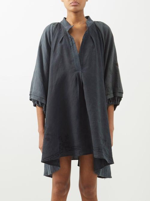 By Walid - Harper Vintage Patchwork Linen Smock Dress - Womens - Black