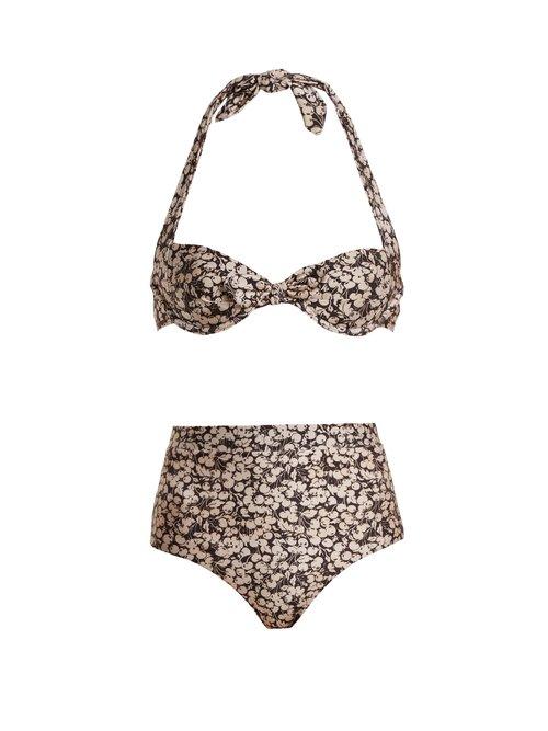 Matchesfashion.com Zimmermann - Prima 50's Cherry Floral Print Tie Detail Bikini - Womens - Purple Multi