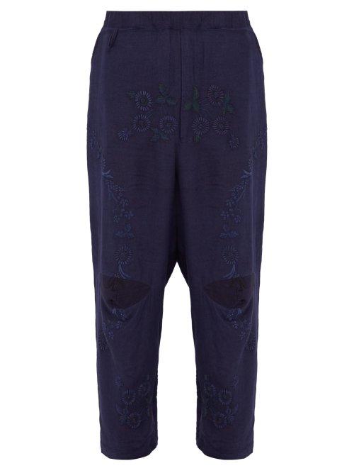 Matchesfashion.com By Walid - Jude Floral Embroidered Linen Trousers - Mens - Indigo