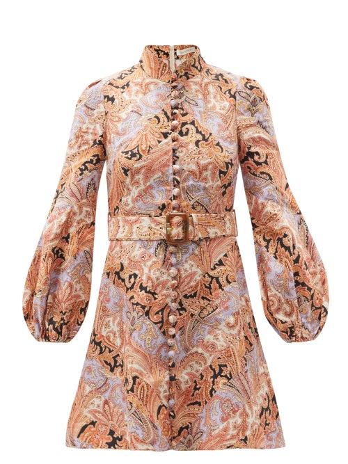 Matchesfashion.com Zimmermann - Botanica Belted Chevron Paisley-print Linen Dress - Womens - Pink Multi