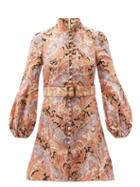 Matchesfashion.com Zimmermann - Botanica Belted Chevron Paisley-print Linen Dress - Womens - Pink Multi