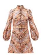 Matchesfashion.com Zimmermann - Botanica Belted Chevron Paisley-print Linen Dress - Womens - Pink Multi