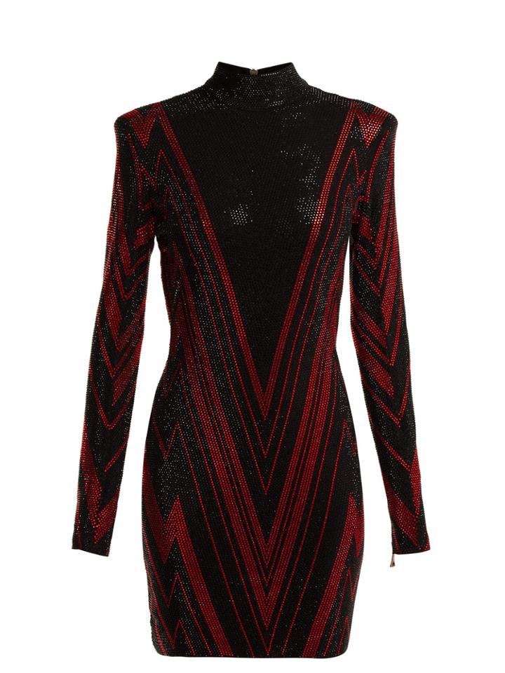 Balmain Chevron-stripe Crystal-embellished Mini Dress