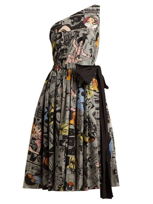 Matchesfashion.com Prada - Comic Print One Shoulder Cotton Dress - Womens - Grey Print