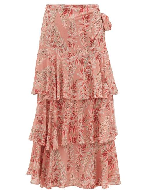 Matchesfashion.com Adriana Degreas - Aloe-print High-rise Tiered Poplin Wrap Skirt - Womens - Pink Print