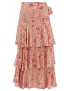 Matchesfashion.com Adriana Degreas - Aloe-print High-rise Tiered Poplin Wrap Skirt - Womens - Pink Print