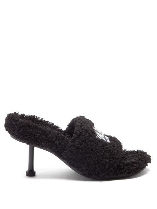 Balenciaga - Paris Logo-embroidered Shearling Mules - Womens - Black White
