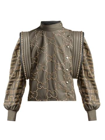 Matchesfashion.com Gucci - Crystal Embellished Leather Jacket - Womens - Grey Multi