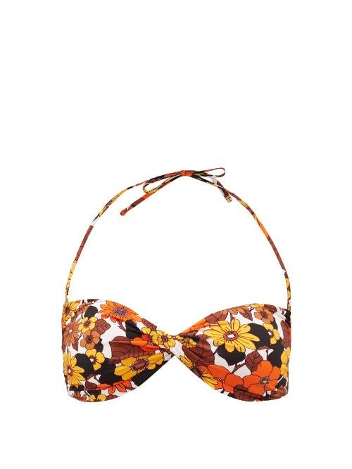 Matchesfashion.com Dodo Bar Or - Kayla Floral-print Twisted Bandeau Bikini Top - Womens - Brown Print