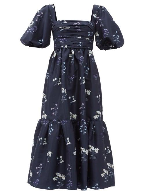 Ladies Rtw Self-portrait - Puff-sleeve Floral-print Crepe Dress - Womens - Navy Print