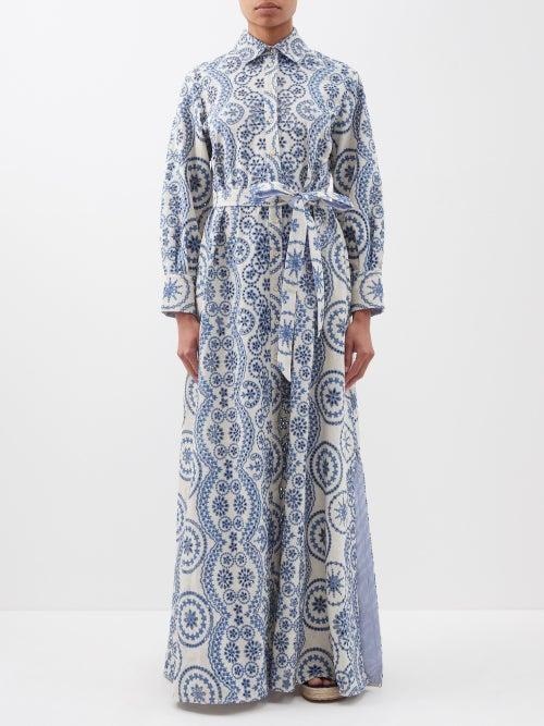 Evi Grintela - Komako Floral-embroidered Cotton-voile Shirt Dress - Womens - Blue