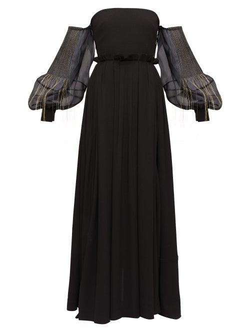 Matchesfashion.com Loewe - Embroidered Bardot Balloon-sleeve Crepe Dress - Womens - Black