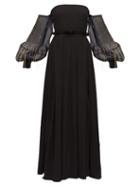 Matchesfashion.com Loewe - Embroidered Bardot Balloon-sleeve Crepe Dress - Womens - Black