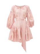 Matchesfashion.com Innika Choo - Meg Nettick Floral-embroidered Linen Dress - Womens - Light Pink