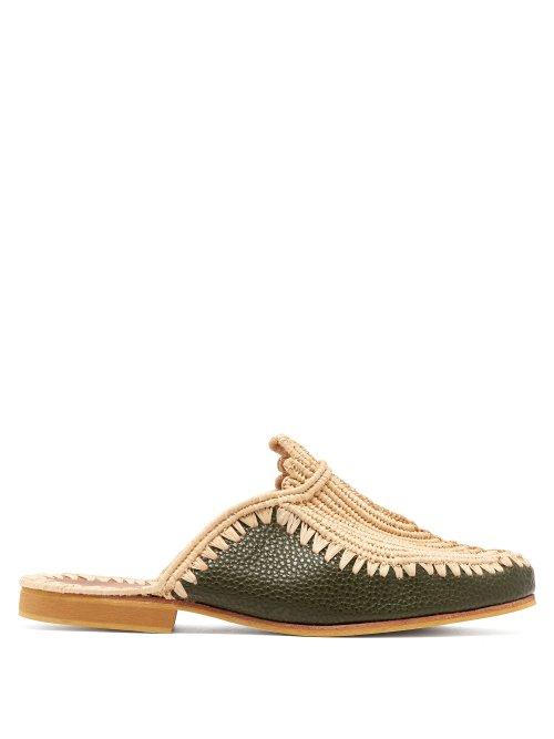 Matchesfashion.com Kilometre Paris - Barbouches Raffia And Leather Backless Loafers - Womens - Dark Green