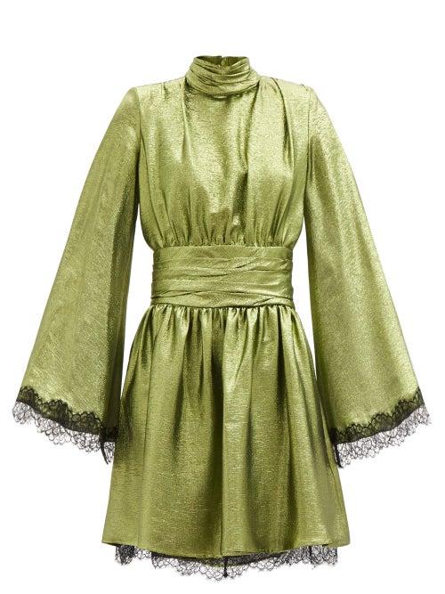 Matchesfashion.com Dundas - Wide-sleeve Lace-trimmed Silk-blend Lam Dress - Womens - Green