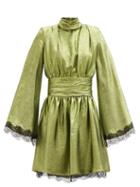 Matchesfashion.com Dundas - Wide-sleeve Lace-trimmed Silk-blend Lam Dress - Womens - Green