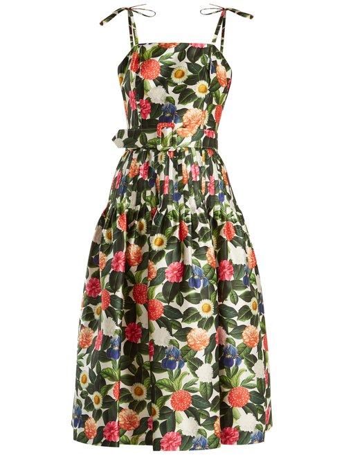 Matchesfashion.com Oscar De La Renta - Floral Print Silk And Cotton Blend Dress - Womens - Green Multi