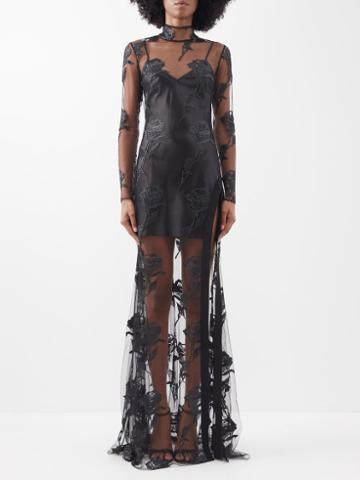 David Koma - Rose-embroidered Chiffon Gown - Womens - Black